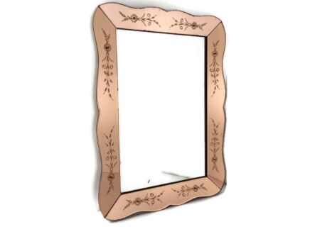 Large Art Deco Nouveau Wall Hanging Ornate Mirror Pink Clear etched glass Vanity Dresser  