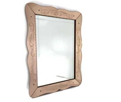 Large Art Deco Nouveau Wall Hanging Ornate Mirror Pink Clear glass Dresser Vanity  