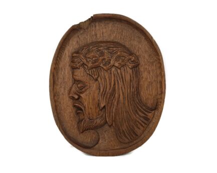 Oval hand Carved Wood Panel Plaque Christ  Jesus Ornate Bas Relief Oak Antique