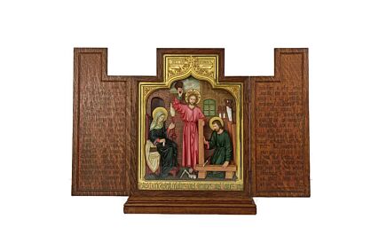 Triptych Handmade hand Carved Travel Icon France Plaster Text Oak Holy Family WOW