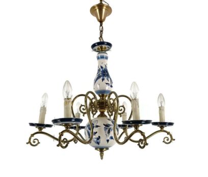 Delft Blue white Porcelain Brass Chandelier 6 arm Fixture Barn Farmhouse style  Vintage