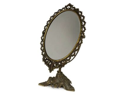 Rococo Ornate Brass Standing Adjustable Swivel Makeup Vanity Mirror Frame Swivel 