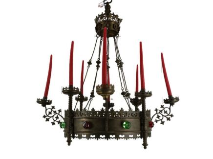 large Gothic Castle Chandelier Brass Red Green Knobs Candles Antique 19th century Candles