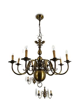 Set of 3  wall Sconces 1 large Flemish Dutch Chandelier Very Rare Modernist Brass 