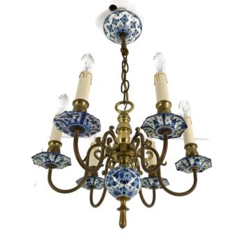 Gorgeous Vintage Delft Blue White 6 arm Lights Chandelier Porcelain brass Barn Farmhouse Style
