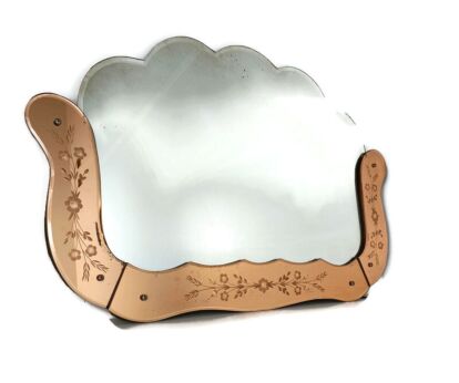 Art Deco Etched Beveled glass Pink Mirror Vanity bedroom hallway Marked Mirover Belgium
