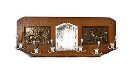 Gorgeous Vintage Hand Carved Wood Coat Kitchen hat Rack Mid Century Brass Deer Plaques