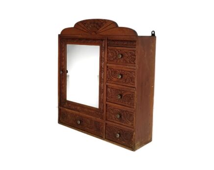 Antique Art Deco  Medicine Cabinet Apothecary Chest of Drawers Ornate Carved Wood 