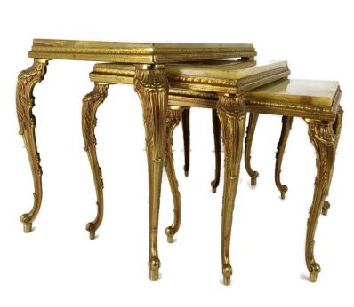 Set of 3 Nesting Stacking Coffee Side Tables Marble Onyx Brass Hollywood regency