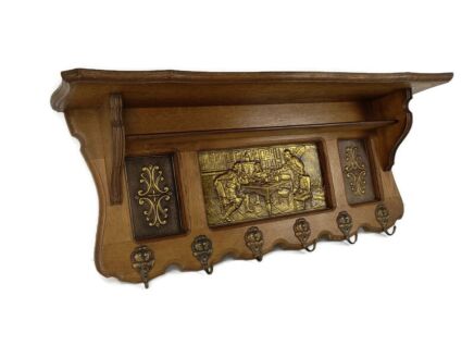 Gothic Gorgeous Ornate Hand Carved Wood Coat Hat Rack Breughel Style Brueghel brass plaque 