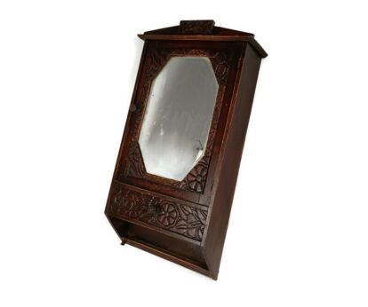 Art Deco Medicine Apothecary Cabinet Hand carved wood Ornate wall hanging bathroom shaving