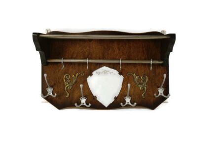 Vintage Carved  Wood Coat Hat Rack  Ornate decorated Glass Mirror Art Deco Brass Trims marked