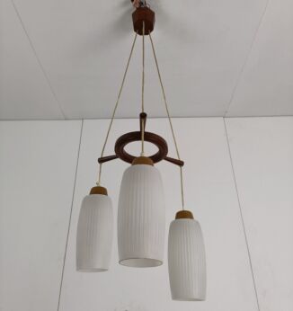 Danish Modern Chandelier Pendant Teak Opaline Glass Atomic  Retro Pop Art Style 3 lights