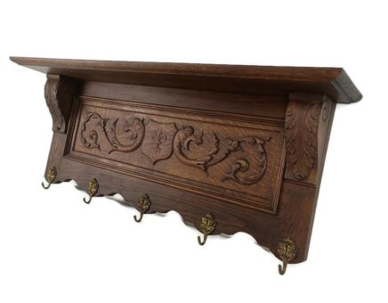 Gorgeous Antique Carved Wood Coat Hat Rack Ornate Etched hand carved Wood Shield French 
