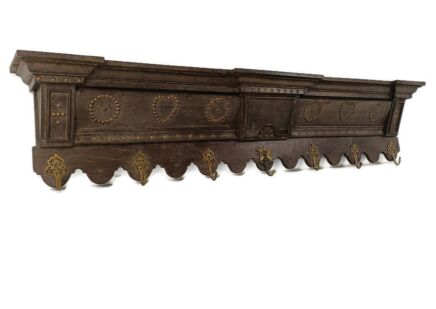 Magnificent Antique Carved Wood Coat Hat Rack Ornate Etched hand carved Wood Hobnails
