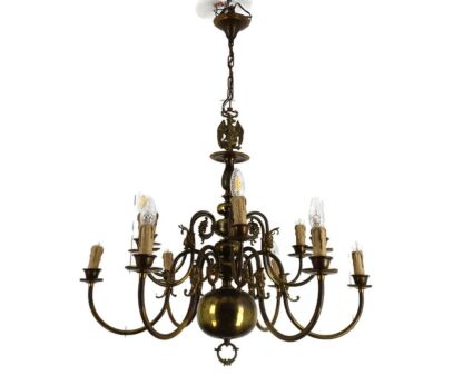 Flemish Dutch Chandelier 12 Arm Lights Brass Barn Farm Countryhouse Style Vintage