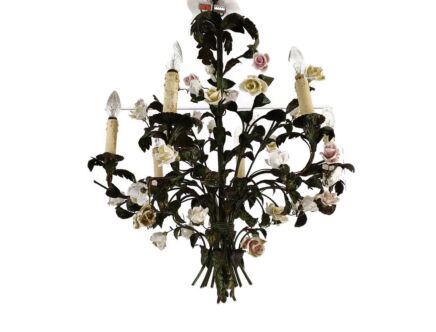 Gorgeous Antique Chandelier Flower Bundle Boucquet Iron Porcelain Flowers French
