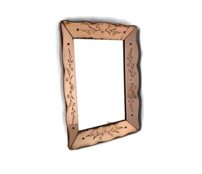 Art Deco Nouveau Wall Hanging Ornate Mirror Vanity Dresser Clear Etched Pink Glass