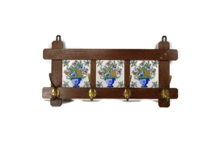 vintage Coat rack Hat rack kitchen Rack, wood, Ceramic tiles, lovely flower baskets 