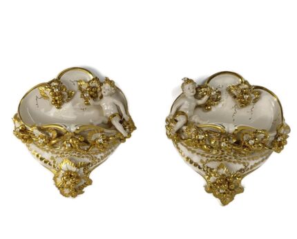 Wall hanging Planter Putti Vintage Capodimonte Porcelain  White Gold Porcelain Crystal  Signed