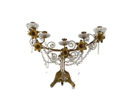 Antique Brass Hollywood regency Floral Candle Holder Candelabra Church Crystal Prism 