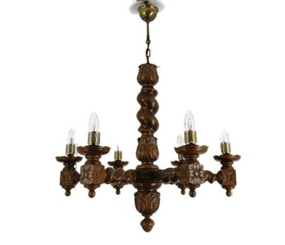 Vintage Barley Twist Hand Carved Wooden Chandelier 6 arm 6 lights Barn farmhouse 