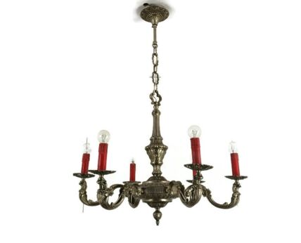 Vintage Chandelier 6 arm 6 lights Pewter Spelter Look Silver colored fixture 