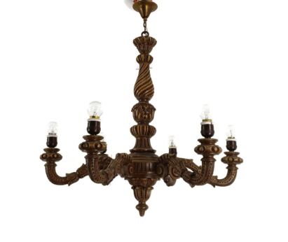 Vintage Hand Carved Wooden Chandelier 6 arm 6 lights Barn farmhouse Fixture  