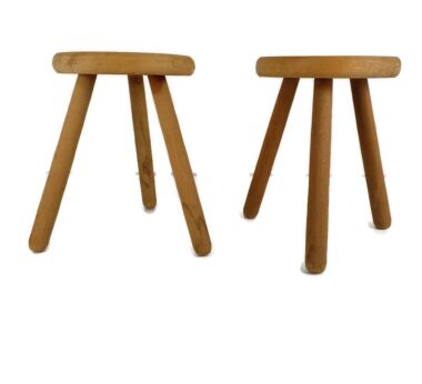 Pair Couple Hand Carved wood Tripod Milking Stool Pedestal Table Plant Flower Bonsai Stand Side Table Barn Country  