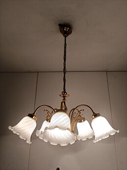Chandelier 5 arm Lights vintage Brass Swirled Glass Tulip Shaped Shades Fixture
