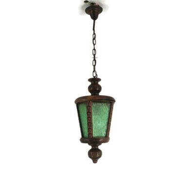 pendant Lantern Frosted Green Art glass Ceiling Light Wood Vintage