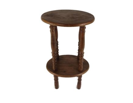 Two Tier Pedestal Plant Stand Carved Wood vintage 70s Oval Side Table barn style