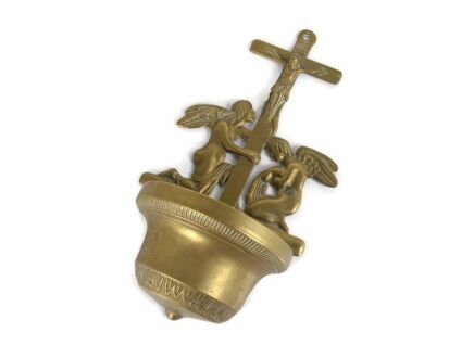 Vintage Large Brass Holy Water Font Angels Crucifix Cross Jesus Wall Hanging Ornate