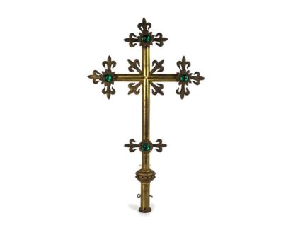 Religious Antique Crucifix Ornate Brass Procession Torch Green Gems French Fleur de Lis