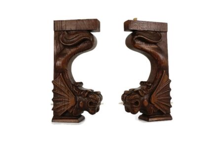 Antique Pair Corbels Hand Carved Wood Mythological Lion Architectural reclaimed Oak Salvaged 