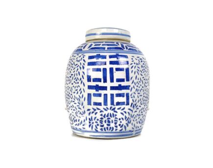 Vintage Double Happiness Vase Urn Ginger jar Shuangxi Wedding Bliss Blue White Chinese