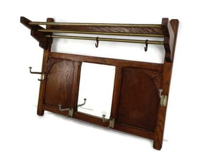 stunning Art Deco Antique Large Coat Rack Hat Rack Clothing Hand Carved Wood Beveled glass Mirror