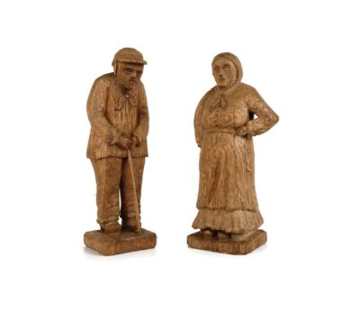 Hand Carved Sculptures Figurines Wood Oak Bruges Folk Art Signed A.L. Couple Man Woman 