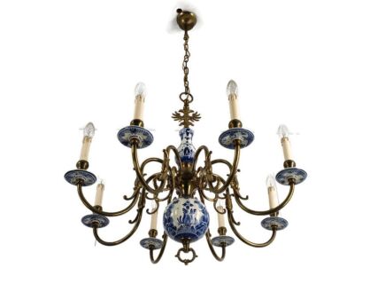 L Dutch Delft Blue White Chandelier Porcelain Ornate Brass 8 Light Arms Farmhouse  barn 
