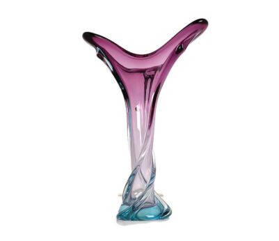 Italian Vintage Cranberry Blue Art Glass Vase Murano Style Swirled Beautiful