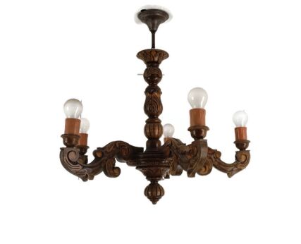 hand Carved Wooden Chandelier 5 arm 5 lights Vintage modernist Barn style Farmhouse