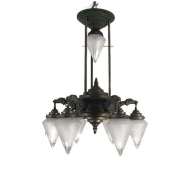 Antique Art Deco Chandelier Brass patina stunning Glass Shades 7 lights Dragons