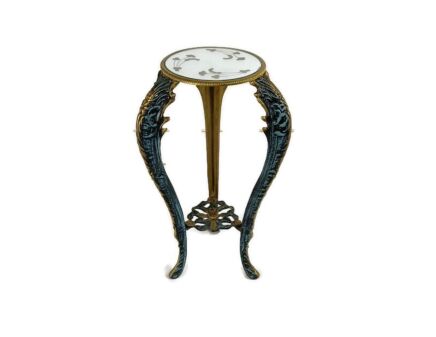Brass Ornate Two Toned Blue Gold Pedestal Plant stand Glass mirrored top 