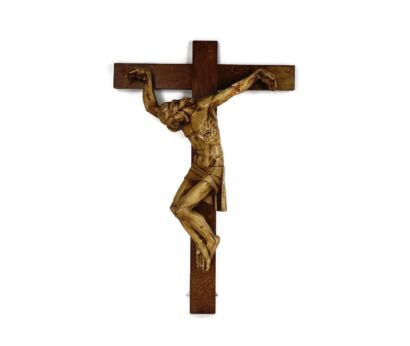 XL Wood Hanging Crucifix Plaster corpus Van Der Meeren Very Dramatic Vintage