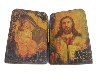 Small Traveling Icon wood Bookform hand painted Jesus Christ Lovely Vintage ornate