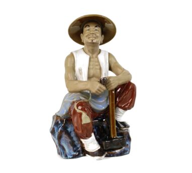 Wanjiang Chinese Mudmen Vintage Fisherman Mud Men  Figurine Statue Glazed Pottery Marked 