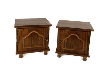 Pair of Nightstands end Tables vintage, wood veneer, cabinets, Bedroom, 70s