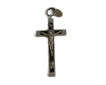 Small antique Brass Spelter Hanging Crucifix Jesus Christ Priest Nun  with Medallion Lourdes
