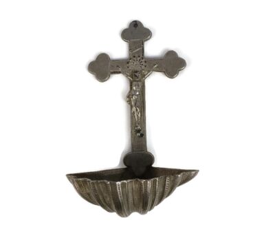Holy Water Font Jesus Christ Crucifix Wall Hanging vessel Small Spelter Vintage