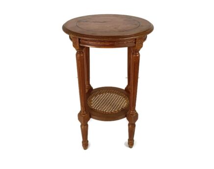 Vintage Beautiful Round Side  Table Two tier rattan Inlay top Wood Plant stand Bonsai